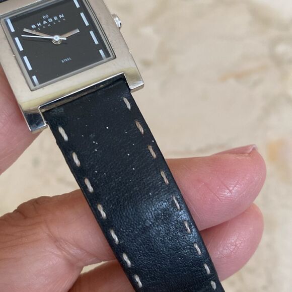 Skagen Denmark Stainless Steel Black Leather Strap Tank Style Wristwatch - Picture 7 of 8